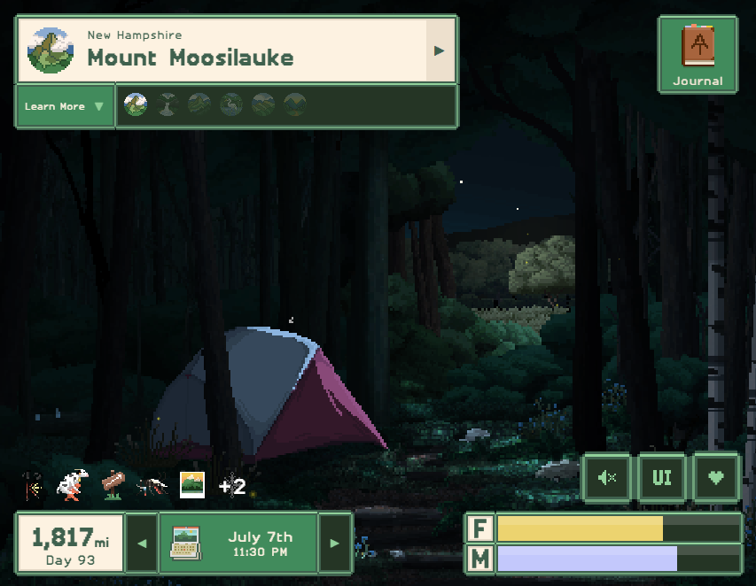 A pixel art scene of a campsite at night